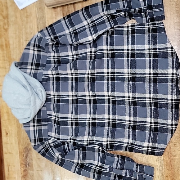 American Eagle men's blue plaid hoodie flannel button down shirt jacket medium - Picture 5 of 6